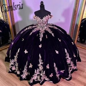 Robe quinceanera de la robe de bal en velours de papillon 3D Purple 3D avec vestidos corset en dentelle de cape Cape Gold