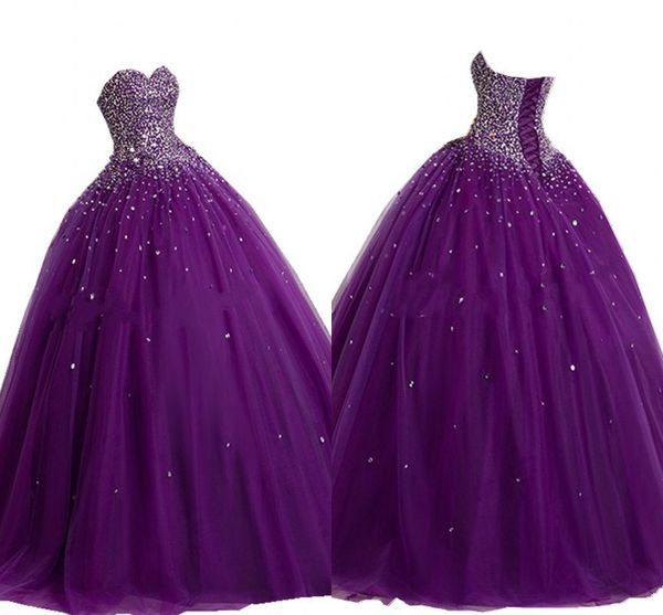 Vestido de fiesta morado oscuro dulce 16 vestidos con cuentas de lentejuelas diamantes de imitación encaje sin tirantes vestido de quinceañera vestidos de fiesta de graduación 2019