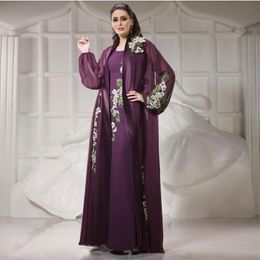 Dark Purple Chiffon Sever Mother of the Bride Vestidos con chaqueta de mangas largas Cuello de joya Vestido de invitado de invitado longitudes de piso 415