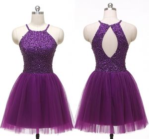 Robes de soirée violet foncé licou pas cher 2022 perles paillettes cristal dos ouvert tulle drapé robe de bal courte robe de graduation robes de soirée