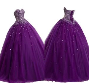 Robe de Quinceanera sans bretelles violet foncé Tulle longue 2020 perlée paillettes Pagenat robe de bal soirée à lacets douce 16 robe robes longues
