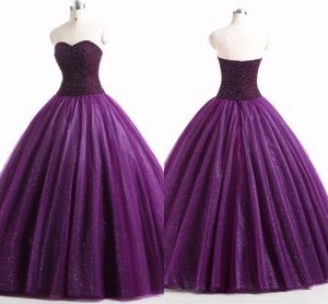 Donkere Paars Tule Quinceanera Jurken Parels Kralen Strapless Open Back Sweet 16 Jurk Baljurk Prom Jurken 8e Grade Jurken Echte afbeelding