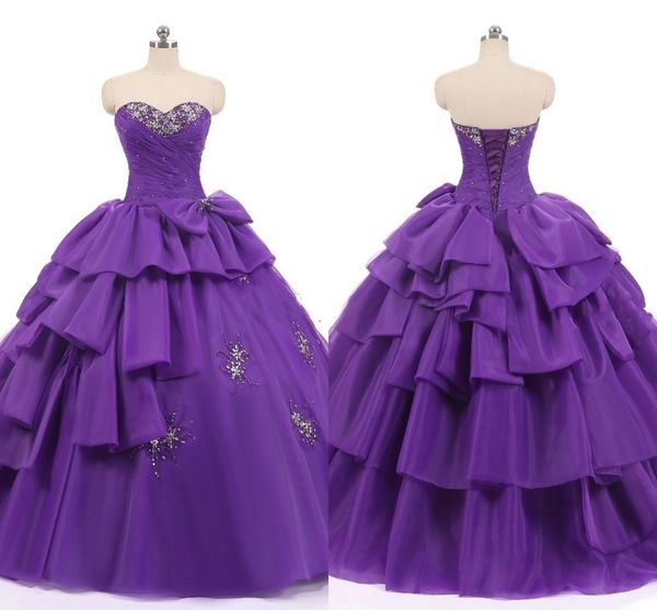 Violet foncé Vintage robe de bal bal Quinceanera robes à volants perlé cristal à plusieurs niveaux Tulle Corset dos doux 16 robe fête Graduation bal