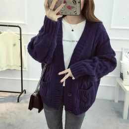 Púrpura oscuro Vintage manga larga Mujer Cardigan suéter Casual Otoño Invierno Streetwear Tops abrigo Y2k Casual suéter suelto 240112
