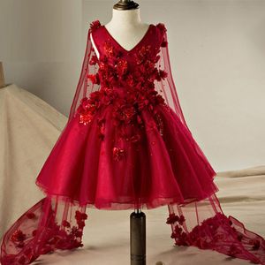 Robes de concours pour filles bordeaux rouge foncé pour adolescentes, col en V, sans manches, appliques florales 3D, corset au dos, robe pour enfants avec rubans fluides