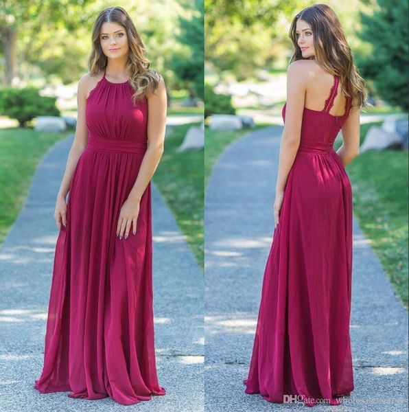 Rojo oscuro sexy cuello halter gasa una línea vestidos de dama de honor apliques de encaje boho bohemio vestido de invitados de boda vestidos de dama de honor para fiesta