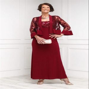 Vestidos de fiesta de boda para madre de la novia, elegantes y bonitos, color rojo oscuro, 2 uds., vestidos de mujer con chaqueta de encaje de talla grande