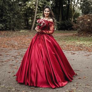 Cristal floral rouge foncé pailleté sur l'épaule robes de Quinceanera manches longues chérie fleurs 3D robes de bal volants Corset doux 15 robes De Anos YD