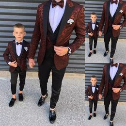 Dark Red Floral Pattern Boy Formal Wear Suits Dinner Tuxedos Little Boys Kids For Wedding Party Prom Suit JackedVestpant