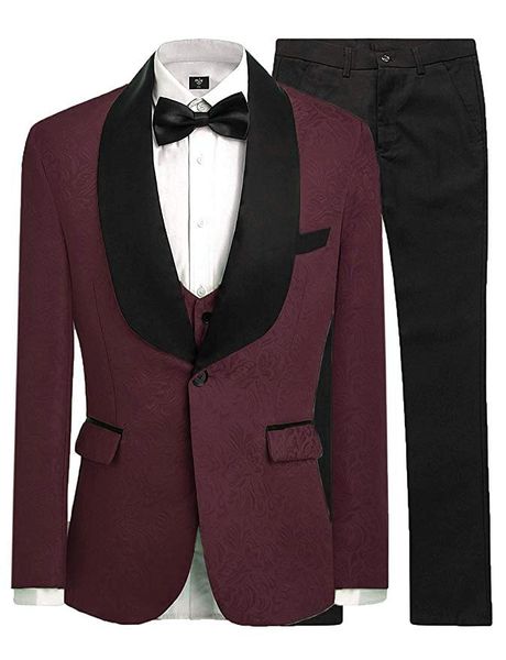 Foncé Rouge Garçons D'honneur Motif Groom Tuxedos Châle Noir Velours Revers Hommes Costumes De Mariage Meilleur Homme Marié (Veste + Pantalon + Gilet + Cravate) L245