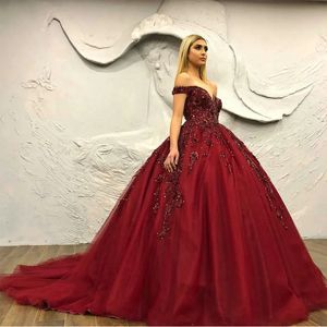 Vestido de noche con apliques de estrella brillante de encaje rojo oscuro, vestidos de noche con purpurina y cuentas, vestido de baile Formal elegante con hombros descubiertos para mujer