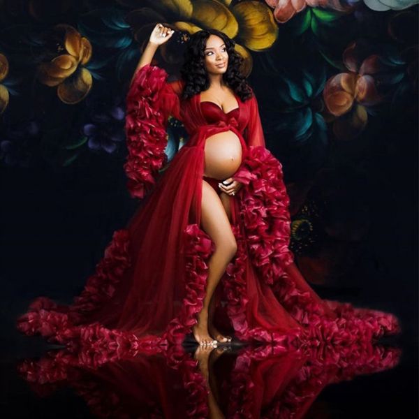 Rouge foncé maternité chemises de nuit grande taille volants à manches longues photographie Tulle robes sur mesure vêtements de nuit de mariée peignoir