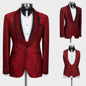 Esmoquin de boda para hombre, color rojo oscuro, magníficos apliques de flores en 3D a medida, chaqueta con cuentas, abrigo, ropa para fiesta de graduación, pantalones, trajes de 3 piezas