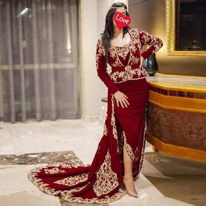 Dark Red Mermaid Karakou Algerijnse Velvet Avondjurken Lange Mouwen Gouden Applicaties Kant Party Jurken RemovBale Court Trein Prom Dress