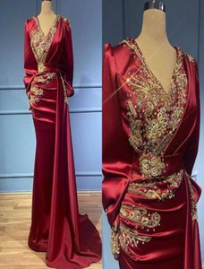 Sirène rouge foncé robes de soirée de bal sexy à manches longues perlé profonde V Patry formel Mother of Bride Bride BC129081734656