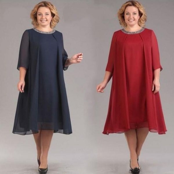 Robes mère de la mariée en mousseline de soie, rouge foncé, grande taille, ligne A, col rond, manches mi-longues, robes de soirée de mariage