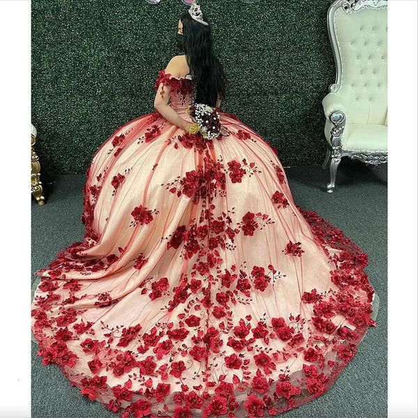 Princesse rouge foncé Quinceanera Robes 3D Fleurs Perles CORSET Lace-Up Applique Sweet 15 16 Robe Party Wear XV Anos 0509