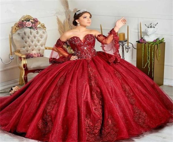 Paillettes rouges foncées robes de bal gonflées robes quinceanera pergés de l'épaule tulle paillettes 15 16 robe xv fête wear8517532