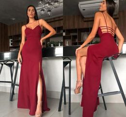 Donker rood sexy zeemeermin prom -jurken lange spaghetti riemen hoge zijde split backless formele jurk avondje slijtage Vestidos de fiesta limito's