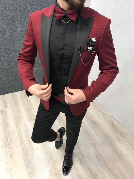 Rouge rouge brillant pour hommes formels Tuxedos Groomsmen Bride Men Dîner Saisir de loisirs Blazers Tenues Set Papants de vestes