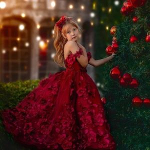 Spaghetti rouge foncé Spaghetti 3D Flower Girls Robes Pearls Child Prom Party Party Gowt Corset Back Kids Photography Robe