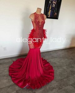 Robes de cérémonie de soirée longues scintillantes rouge foncé pour fille noire luxe diamant cristal plume robe de bal vestidos de fiesta