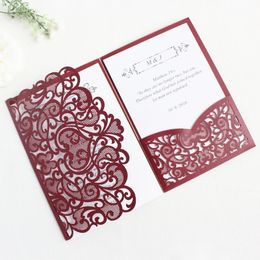 Dark Red Tri fold Hollow Laser cut Pocket Wedding Invite Invitation Card Cover(no inner paper& envelope)