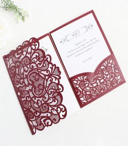 Dark Red Tri Fold Hollow Laser Cut Pocket Wedding Invite Invitation Card Coverno Envelope de papier intérieur1722740