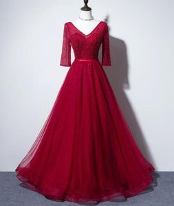 Donkere rode v-hals moeders jurken kant 3/4 lange mouwen sexy vloerlengte tule avondjurk