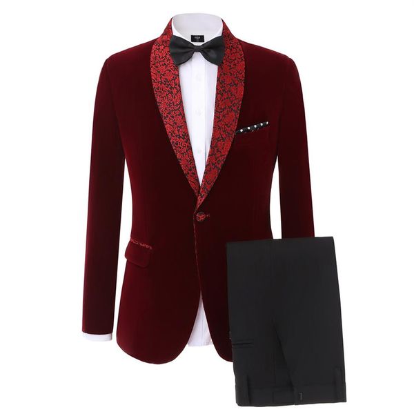 Tuxedos de marié en velours rouge foncé châle Lape Center Vent hommes costume de mariage grande qualité hommes formel affaires bal dîner BlazerJacket 284E