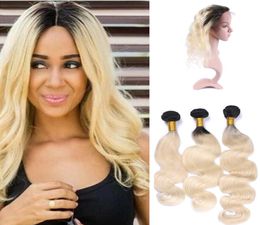 Donkere Wortel 1B 613 Body Wave Bundels van echt haar met 360 Full Lace Band Frontale Sluiting 13X4X2 Met Babyhaar Middendeel6833571