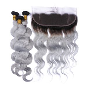 Donkere wortel # 1b / grijze ombre Braziliaanse menselijke haar weeft lichaamsgolf met 13x4 full lace frontale sluiting ombre zilvergrijze maagd haar 3bundles