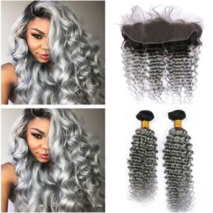 Dark Root 1B / Grey Ombre Indian Virgin Human Hair 2Bundles Deep Wave Weaves avec 13x4 Full Lace Frontal Closure Free Middle 3 Part