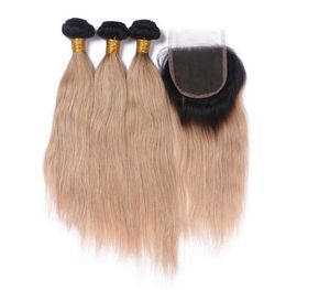 Donkere wortel 1B27 Honingblond Ombre 4x4 vetersluiting aan de voorkant met weeft Recht Aardbeiblond Ombre Peruaans haar 3 bundels met7214910