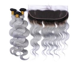 Donkere wortel 1BGREY OMBRE BRAZILIAS HUIRE HAAR WEVEN BODY WAVE MET 13X4 VOLLEDIGE LAATS frontale sluiting Ombre zilvergrijs maagdelijk haar 37512901