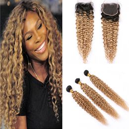 Dark Root Honey Blonde Menselijk Haar 3bundles met Sluiting Kinky Krullend Weefsels # 1B 27 Ombre Maleisische Virgin Hair Extensions met Kantsluiting