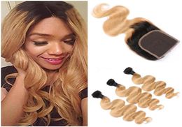 Donkere wortel Honingblond Ombre Maagdelijk Peruaans haarbundels met sluiting Body Wave 1B27 Lichtbruin Ombre Menselijk haar We5359582