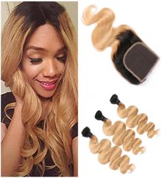 Donkere wortel Honingblond Ombre Maagd Peruaans haarbundels Aanbiedingen met sluiting Body Wave 1B27 Lichtbruin Ombre Menselijk haar We6480458