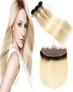 Donkere wortel ombre 1B 613 Blonde tweekleurige mens haar inslagbundels met volledige frontals honingblonde ombre haarweefsels met frontale clo5923448