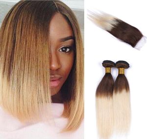 Extension de cheveux humains ombrés à racines foncées, avec fermeture supérieure, soyeux et lisses, blond 4 613, lot de 3, 6829305