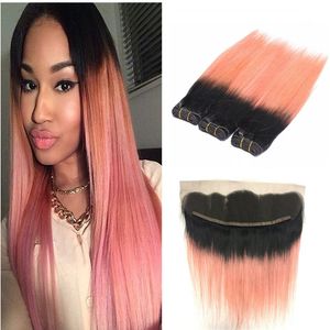 Dark Root Ombre Rose Gold Two Tone Human Hair Weft Bundles With Full Frontals Pink Ombre Hair Weaves With 13*4 Lace Frontal Closure