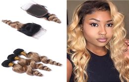 Dark Roots 1B 27 Tissages de cheveux avec fermeture en dentelle Couleur blonde ombrée 1B 27 Fermeture bicolore avec cheveux ondulés lâches 3Bundles2425977