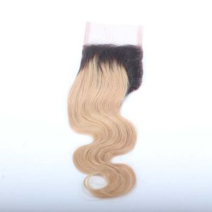 Donkere wortels #1b/27 ombre blonde Peruaanse haarsluiting Body Wave 4 x 4 Hoogdente Topsluiting