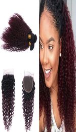 Dark Roots 1B 99J Crépus Bouclés Cheveux Tisse Avec Fermeture À Lacets Ombre Couleur Rouge Vin 99j Cheveux Bouclés 3 bundles Avec 4x4 Fermeture6292238