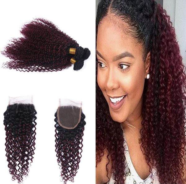 Dark Roots 1B 99J Crépus Bouclés Cheveux Tisse Avec Fermeture À Lacets Ombre Couleur Rouge Vin 99j Cheveux Bouclés 3 bundles Avec 4x4 Fermeture 4671728