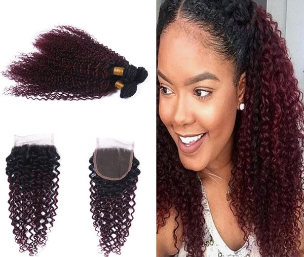 Dark Roots 1B 99J Tissages de cheveux bouclés crépus avec fermeture en dentelle Couleur ombrée Vin rouge 99j Cheveux bouclés 3 paquets avec fermeture 4x4 1207857