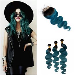 Dark Roots 1b Teal Cheveux Humains Tisse Extension De Cheveux Bleus Avec Fermeture À Lacets Ombre Cheveux Humains Vierge Péruvienne 3 Bundle Deals