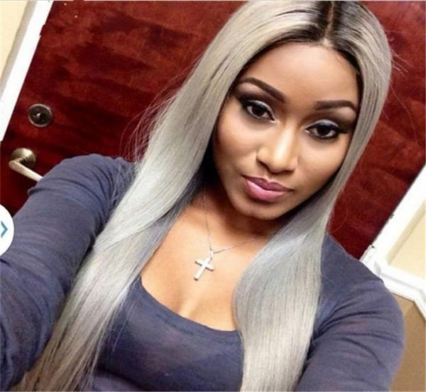 Dark Roots Brésilien Gris Ombre Cheveux Full Lace Perruque Humaine Ligne De Cheveux Naturels Sans Colle Gris Argent Ombre Droite Lace Front Wigs8499949