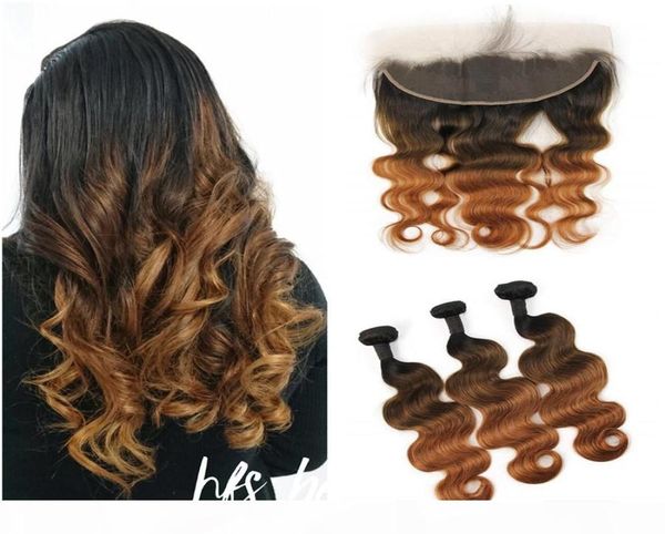 Roots oscuras Extensiones de cabello virgen brasileño 3 Bundles con encaje Cierre frontal 1B 4 30 Brown Auburn Cabello Oavo Cuerpo Cordero WI7425278