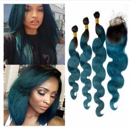 Donkere wortels Donkergroen Ombre Maagdelijk Braziliaans menselijk haar met sluiting 4 stuks Lot Body Wave 1BGreen Ombre 4x4 vetersluiting met 3Bund4319868